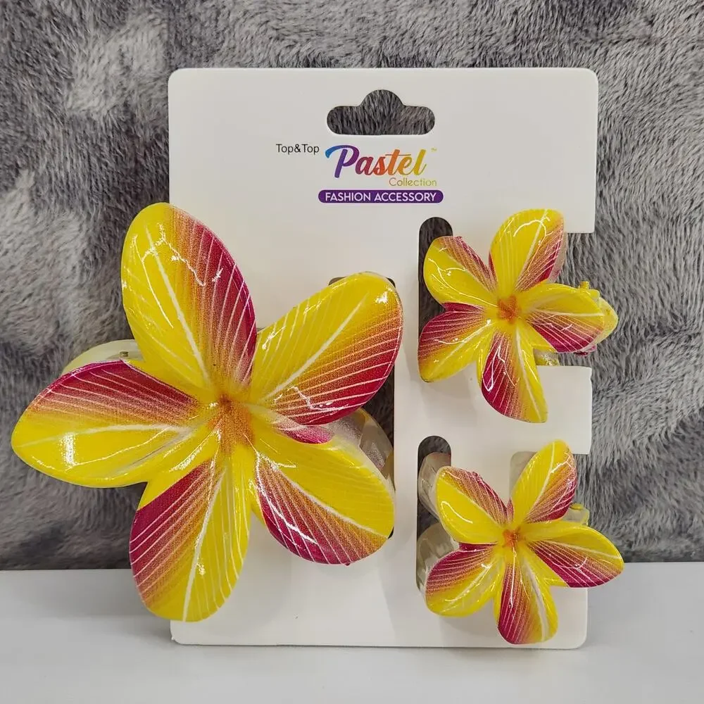 3 pc Hawaiian Flower Claw Clips Hair Accessories - Yellow and Maroon
